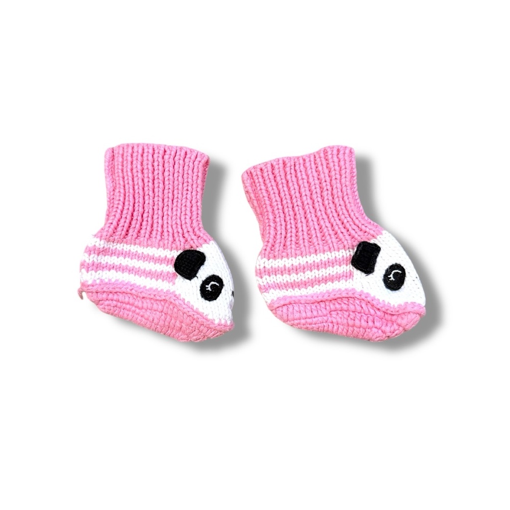 Handmade Baby Infant Socks Pink & White Stripes Panda Crochet Knit